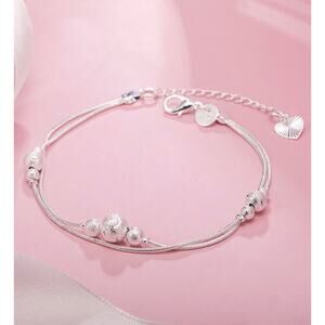 Dainty 925 Sterling Silver Double Layer Snake Chain Bracelet with Beads 6-8”